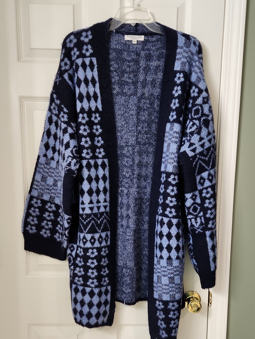 Chic Soul Navy and Light Blue Patchwork Open-Front Cardigan